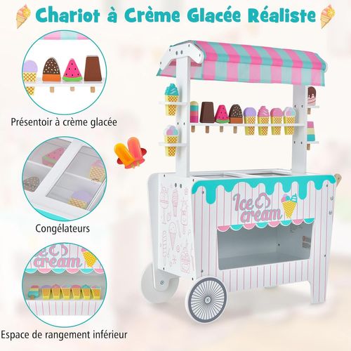 Chariot à Crème Glacée En Bois Enfants Avec Auvent Unique, Jouet Chariot à Glaces, 65x31x87cm