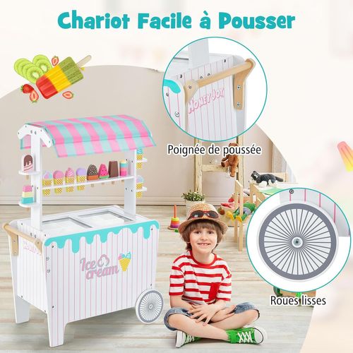 Chariot à Crème Glacée En Bois Enfants Avec Auvent Unique, Jouet Chariot à Glaces, 65x31x87cm