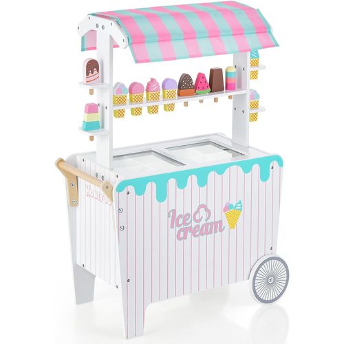 Chariot à Crème Glacée En Bois Enfants Avec Auvent Unique, Jouet Chariot à Glaces, 65x31x87cm