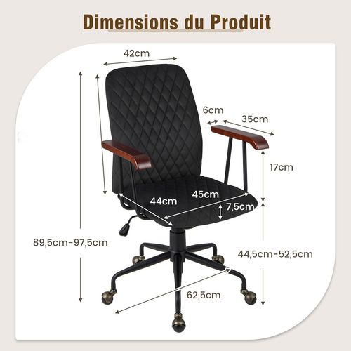 Fauteuil De Bureau à Roulette En Velours, Accoudoirs En Bois De Caoutchouc (noir)