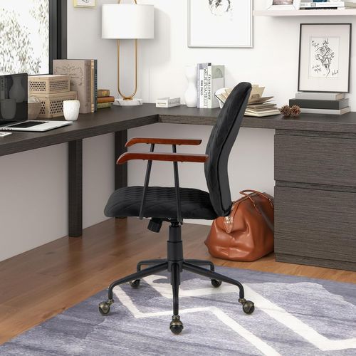 Fauteuil De Bureau à Roulette En Velours, Accoudoirs En Bois De Caoutchouc (noir)