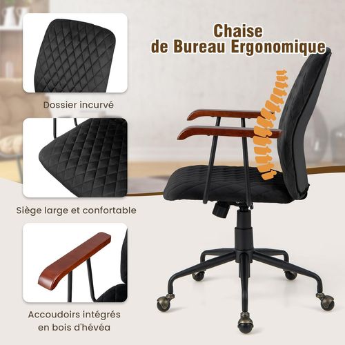 Fauteuil De Bureau à Roulette En Velours, Accoudoirs En Bois De Caoutchouc (noir)