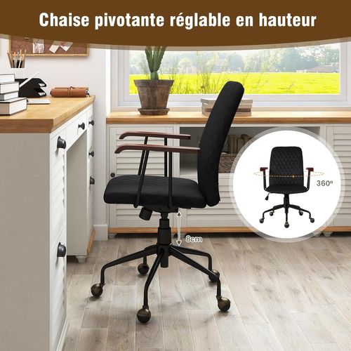Fauteuil De Bureau à Roulette En Velours, Accoudoirs En Bois De Caoutchouc (noir)