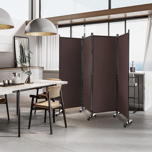 225x173cm Paravent Intérieur 4 Panneaux à 10 Roulettes, Pliable, Cadre En Metal (café)