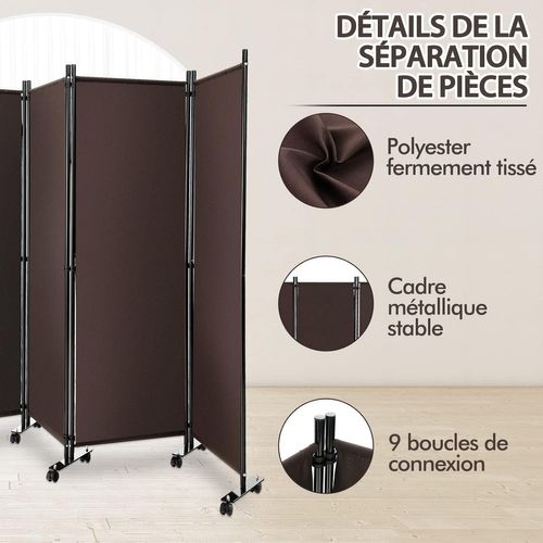 225x173cm Paravent Intérieur 4 Panneaux à 10 Roulettes, Pliable, Cadre En Metal (café)