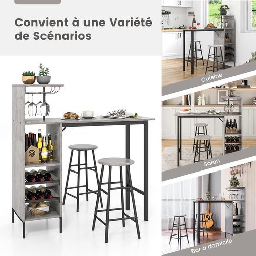 Table Haute Cuisine Avec Tabouret, Mange Debout Industriel Avec Porte-verre Porte-bouteilles