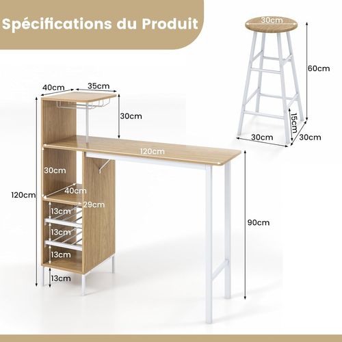 Table Haute Cuisine Avec Tabouret, Mange Debout Industriel Avec Porte-verre Porte-bouteilles