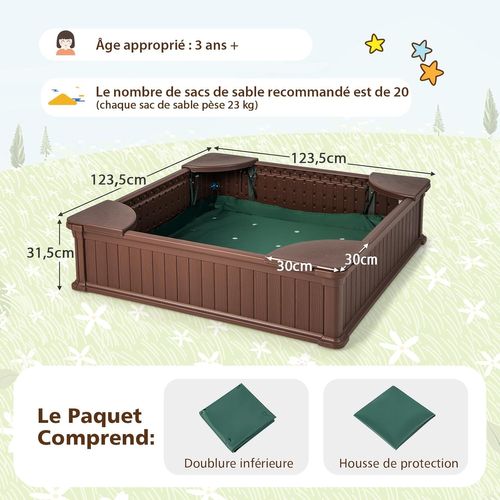 Bac à Sable Enfants Carré En Hdpe Avec 4 Sièges D'angle, Bac à Sable 123,5 X123,5x 31,5cm (marron)