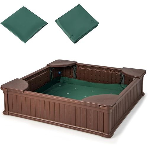 Bac à Sable Enfants Carré En Hdpe Avec 4 Sièges D'angle, Bac à Sable 123,5 X123,5x 31,5cm (marron)