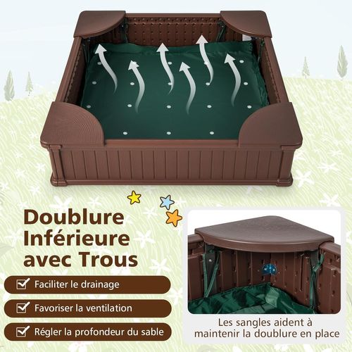 Bac à Sable Enfants Carré En Hdpe Avec 4 Sièges D'angle, Bac à Sable 123,5 X123,5x 31,5cm (marron)