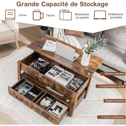 Table Basse Relevable Avec 2 Tiroirs, Table Basse Salon Industrielle Avec Compatiments,106x50x48 Cm