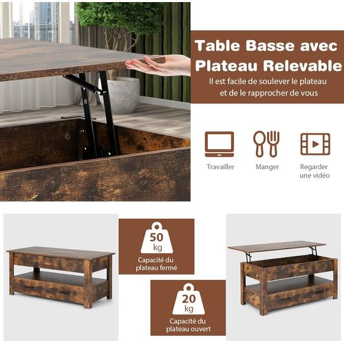Table Basse Relevable Avec 2 Tiroirs, Table Basse Salon Industrielle Avec Compatiments,106x50x48 Cm