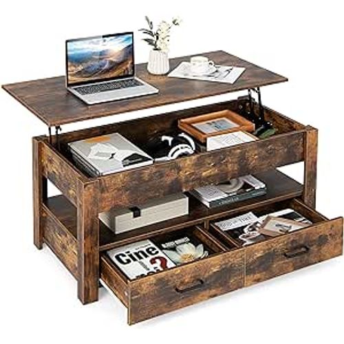 Table Basse Relevable Avec 2 Tiroirs, Table Basse Salon Industrielle Avec Compatiments,106x50x48 Cm