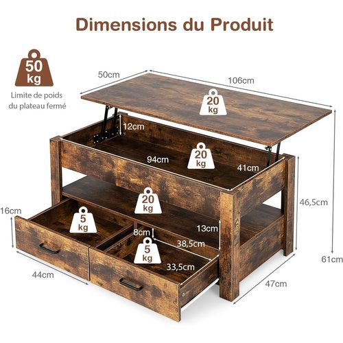 Table Basse Relevable Avec 2 Tiroirs, Table Basse Salon Industrielle Avec Compatiments,106x50x48 Cm