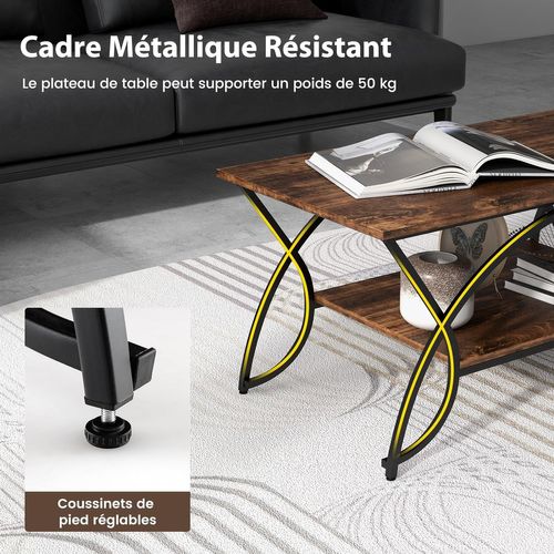 Table Basse Marbre à 2 Niveaux, Table Basse Salon Rectangulaire, Cadre En Métal, 100X50x45 Cm