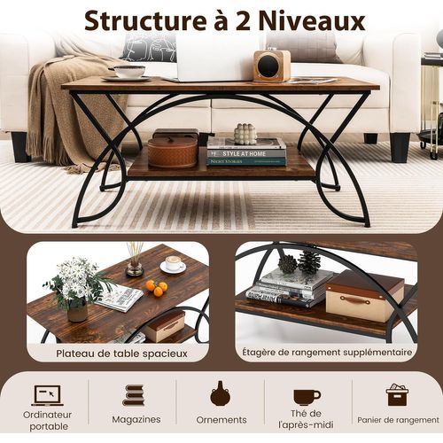 Table Basse Marbre à 2 Niveaux, Table Basse Salon Rectangulaire, Cadre En Métal, 100X50x45 Cm