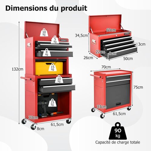 Servante D'atelier Avec Coffre Outils Amovible Et Armoire De Rangement, Caisse à Outils Roulante