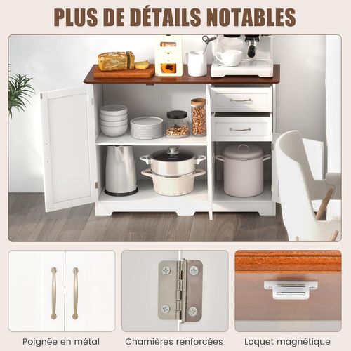 Buffet Cuisine, Meuble Bas Cuisine 2 Placards 2 Tiroirs, Salon, Blanc, 100 X 40 X 78 Cm