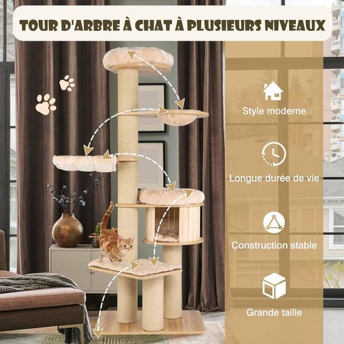 Grand Arbre à Chat Moderne,tour à Chat Avec Poteaux En Sisal, Charge 15kg Pour Chaque Couche, Beige