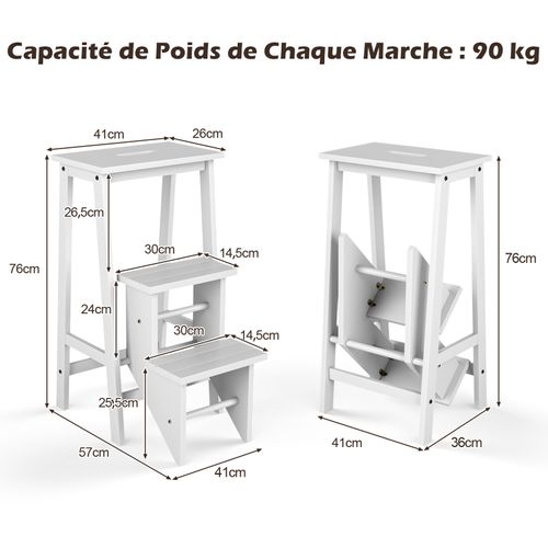 Tabouret Escabeau En Bois D'hévéa Pliant,  Portable, 57 X 41 X 76 Cm (blanc)