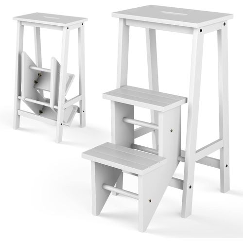 Tabouret Escabeau En Bois D'hévéa Pliant,  Portable, 57 X 41 X 76 Cm (blanc)