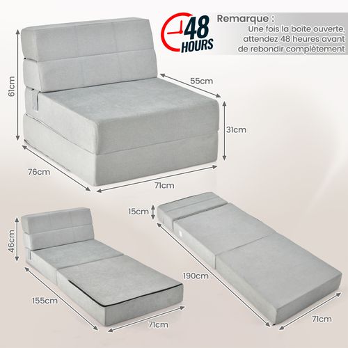 Matelas Lit Fauteuil Pliable, Futon Convertible En Mousse Haute Densité De 15 Cm, Voyage (gris)