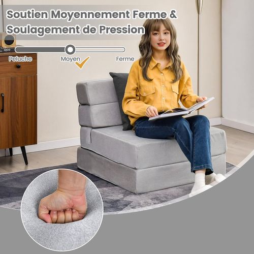 Matelas Lit Fauteuil Pliable, Futon Convertible En Mousse Haute Densité De 15 Cm, Voyage (gris)