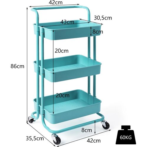 Chariot De Rangement Avec 3 Paniers Et Poignée, 60kg Pour Cuisine, Bureau, 42 X 35 X 87 Cm (bleu)