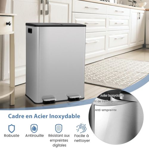 Poubelle Double Compartiments 2 X 30l, Fermeture En Douceur, Casier Pour Désodorisant