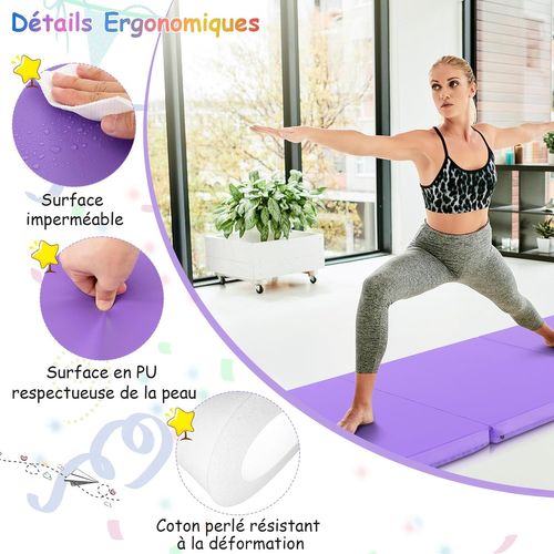 Tapis De Gymnastique Pliable En Mousse Epe, Tapis De Yoga Pliant Avec 2 Poignées,180x60x5cm, Violet
