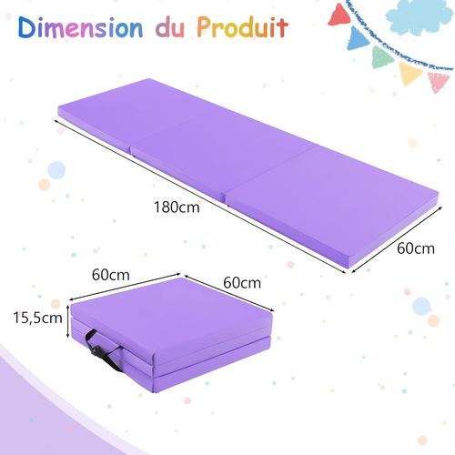 Tapis De Gymnastique Pliable En Mousse Epe, Tapis De Yoga Pliant Avec 2 Poignées,180x60x5cm, Violet