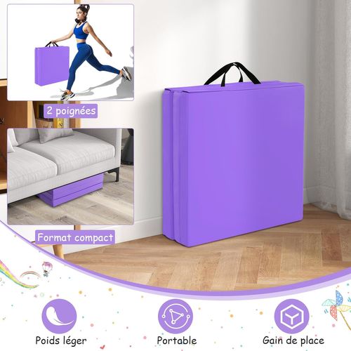 Tapis De Gymnastique Pliable En Mousse Epe, Tapis De Yoga Pliant Avec 2 Poignées,180x60x5cm, Violet