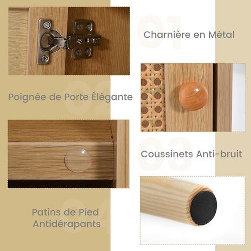 Table De Chevet Avec à Porte Cannage Et Pieds,table D'appoint Ave Pour Salon, 40 X 39 X 70 Cm