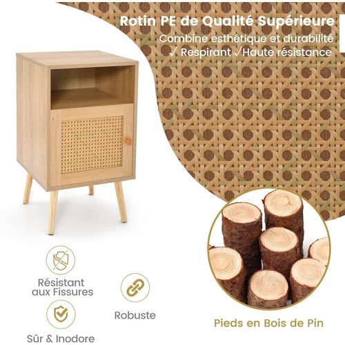 Table De Chevet Avec à Porte Cannage Et Pieds,table D'appoint Ave Pour Salon, 40 X 39 X 70 Cm