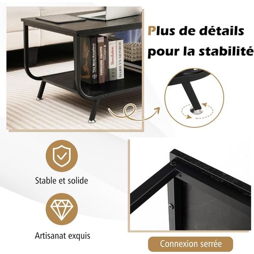 Table Basse Salon Double Plateau Effet Marbre,cadre En Métal, 105 X 55 X 46,5 Cm (noir)