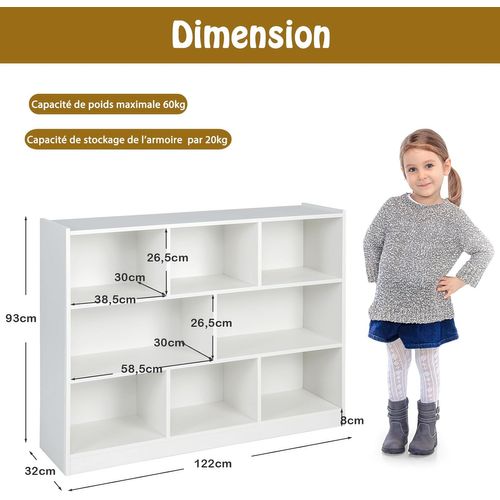 Bibliothèque Enfants à 3 Niveaux Avec 8 Cases, Salon, Charge 60kg, 122 X 32 X 93 Cm (blanc)