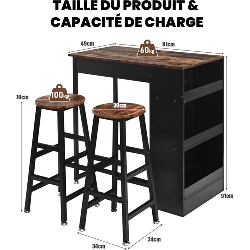 Table Haute Cuisine Avec Tabouret, Mange-debout Avec 3 Étagères, Bar, Studio