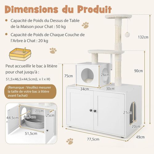 Maison De Toilettes Pour Chat Avec Condo, Meuble à Litière En Bois Pour Chat à Double Porte (blanc)