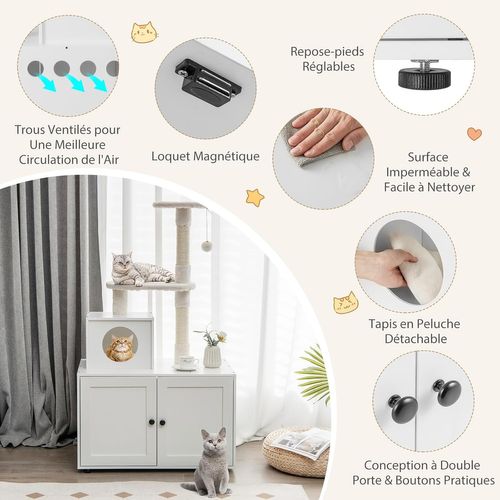 Maison De Toilettes Pour Chat Avec Condo, Meuble à Litière En Bois Pour Chat à Double Porte (blanc)