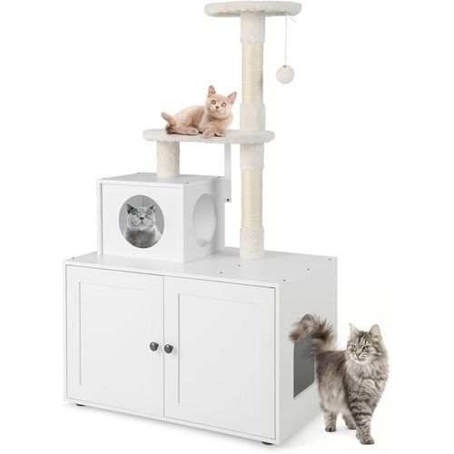Maison De Toilettes Pour Chat Avec Condo, Meuble à Litière En Bois Pour Chat à Double Porte (blanc)