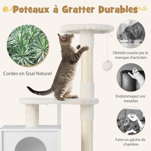 Maison De Toilettes Pour Chat Avec Condo, Meuble à Litière En Bois Pour Chat à Double Porte (blanc)