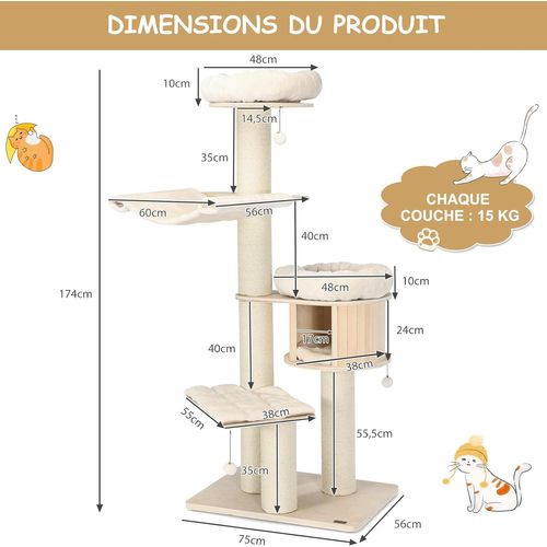 Grand Arbre à Chat En Bois Massifcharge 15kg Pour Chaque Couche, Beige (174cm)