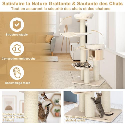 Grand Arbre à Chat En Bois Massifcharge 15kg Pour Chaque Couche, Beige (174cm)