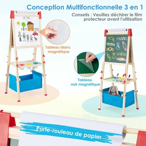 Chevalet 3-en-1 Pour Enfants Avec Tableau Blanc, Ardoise Et Rouleau De Papier - Hauteur Réglable, Avec Accessoires De Dessin (bleu)