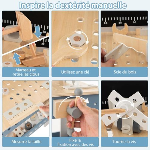 Jouet D'etabli En Bois Pour Enfants Avec 5 Outils Et 56 Accessoires, Jouet Bricolage Enfants