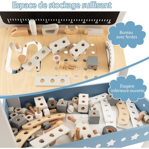 Jouet D'etabli En Bois Pour Enfants Avec 5 Outils Et 56 Accessoires, Jouet Bricolage Enfants