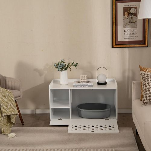 Maison De Toilettes Pour Chat Avec Coussin Amovible,porte Ouverte à L'avant, Blanc