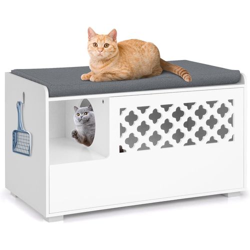 Maison De Toilettes Pour Chat Avec Coussin Amovible,porte Ouverte à L'avant, Blanc