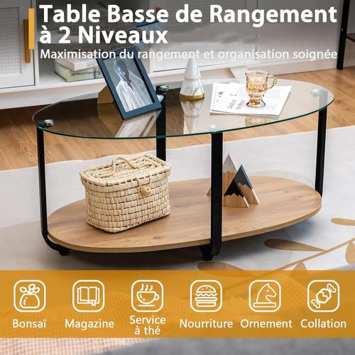 Table Basse En Verre Trempé Avec Cadre En Bois D'acacia,chambre, 90x50x45cm