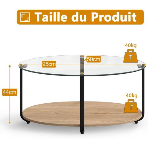 Table Basse En Verre Trempé Avec Cadre En Bois D'acacia,chambre, 90x50x45cm